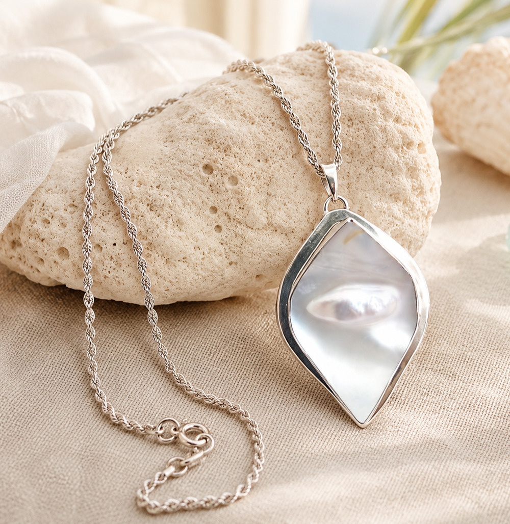 Vintage Sterling Silver Mabe Pearl Necklace Mexico Modernist Resort Coastal Chic